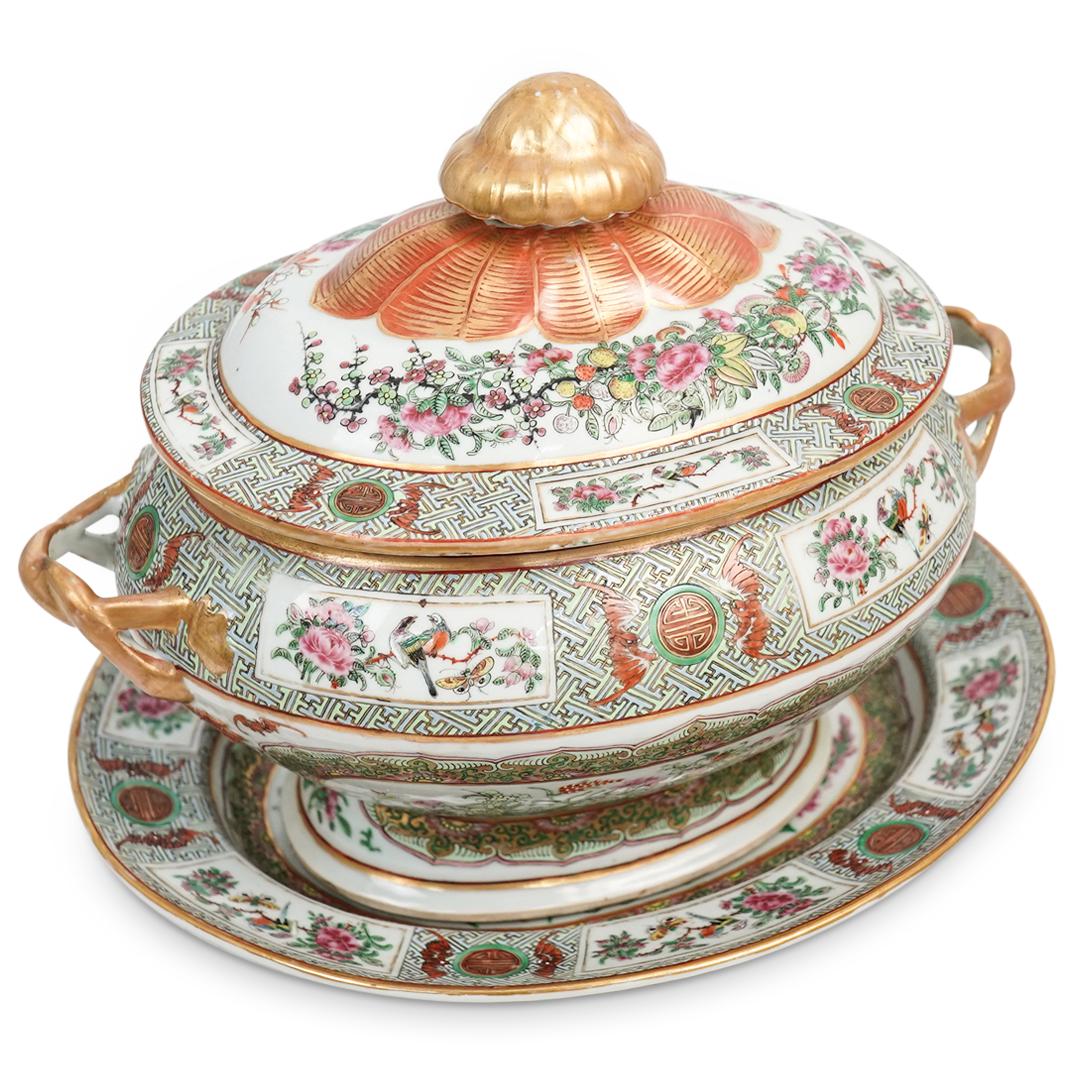 Antique Chinese Rose Medallion Porcelain Tureen and: DESCRIPTION: A Chinese Rose Medallion Tureen with underplate, features in a white ground color, decorated with multicolored floral, bird and butterfly motifs. Further accented with meandering patterns