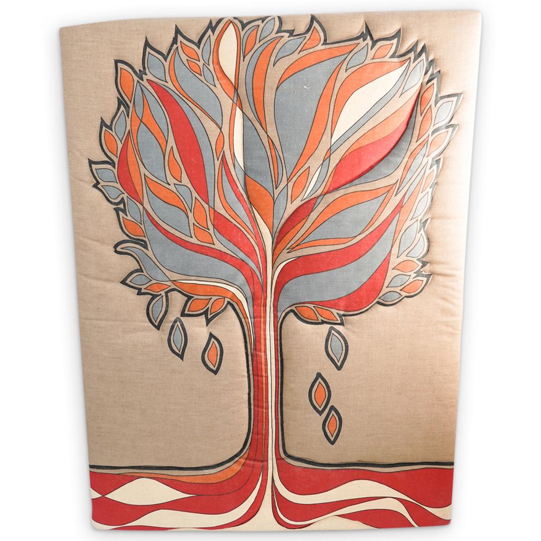 Chiaki Ann Shimoji for Domus Quil Screenprint: DESCRIPTION: A Chiaki Ann Shimoji for Domus depicts the tree of life composed of a screen print over cotton in multi colors, marked along the back by Artist and fabrication company. CIRCA: 1970s ORIGI