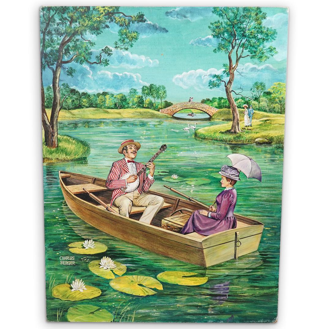 Charles Berger Oil On Board Painting: DESCRIPTION: Charles Berger oil on board painting, titled: "Good Old Days". Features a vibrant courting scene with a male figure playing a string instrument. Signed lower left: "Charles Berger" CIRCA: