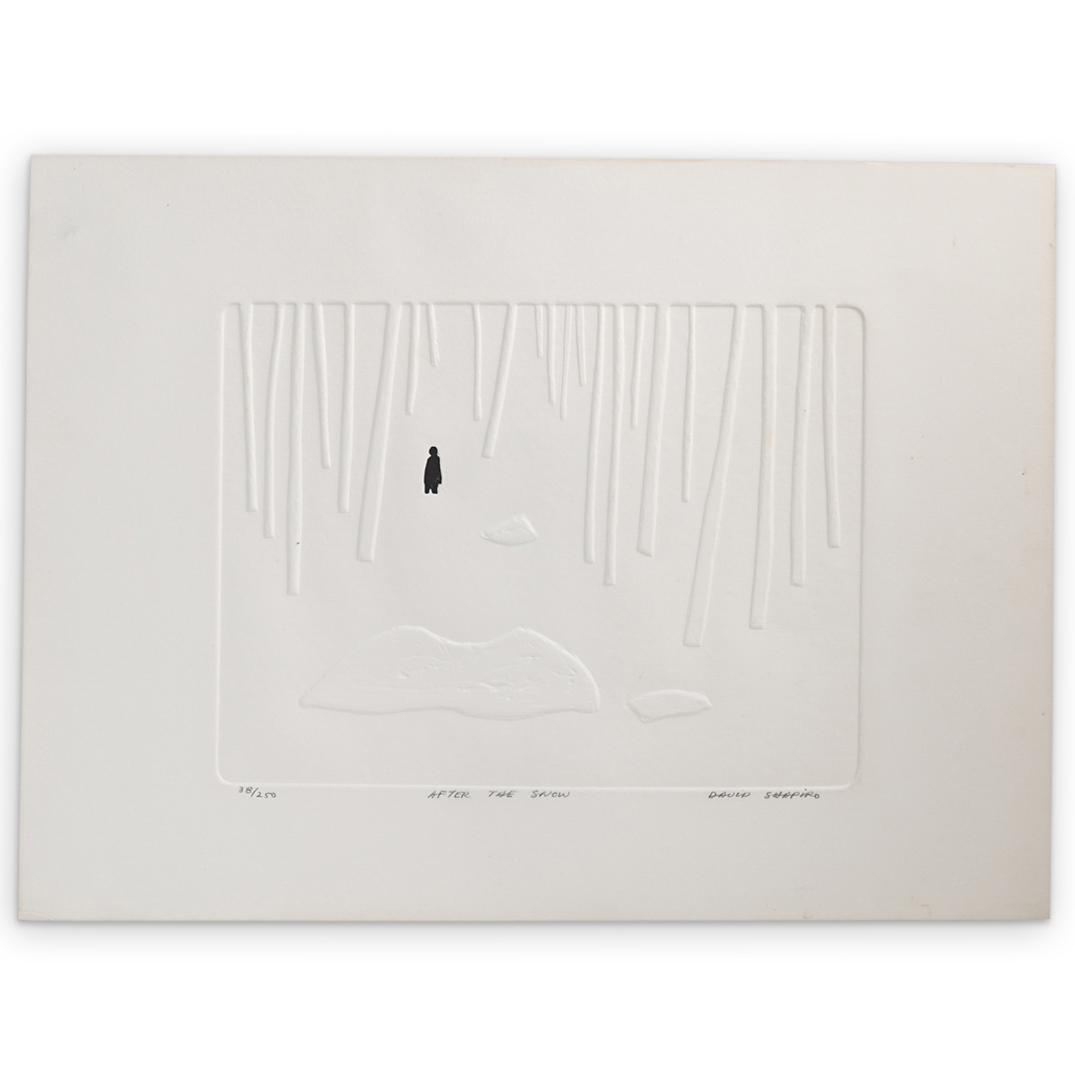 David Shapiro "After The Snow" Lithograph: DESCRIPTION: David Shapiro Signed and numbered limited edition lithograph on paper. Features the deceptions of a snowy forest scene with a figural silhouette in black. Pencil signed, lower right: "Dav