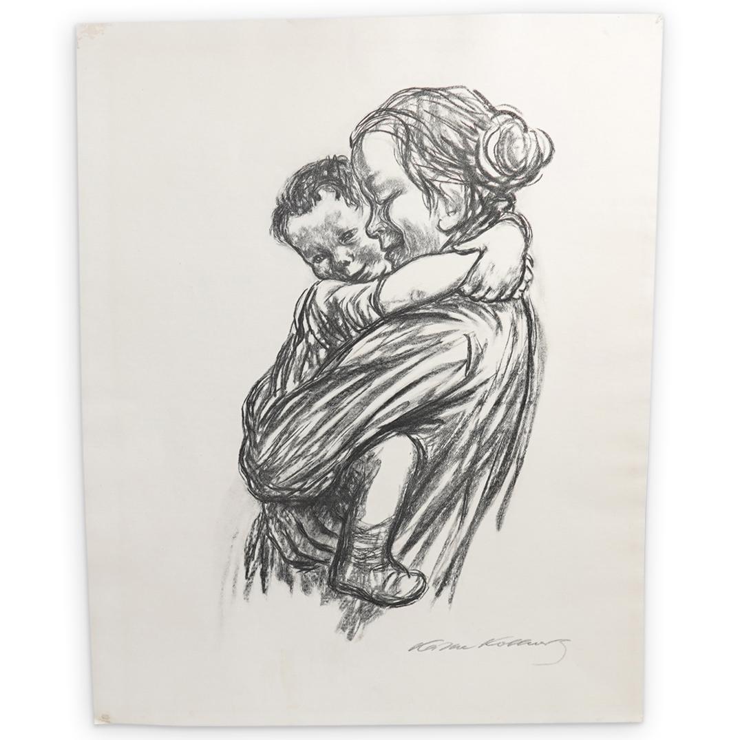 Kathe Kollwitz (German 1867-1945) Wood Block: DESCRIPTION: Kathe Kollwitz (German 1867-1945) Woodcut on paper featuring a mother and her child embracing. Signed in plate: "Kathe Kollwitz" lower right. CIRCA: 20th Cent. ORIGIN: USA DIMENSIONS: H: