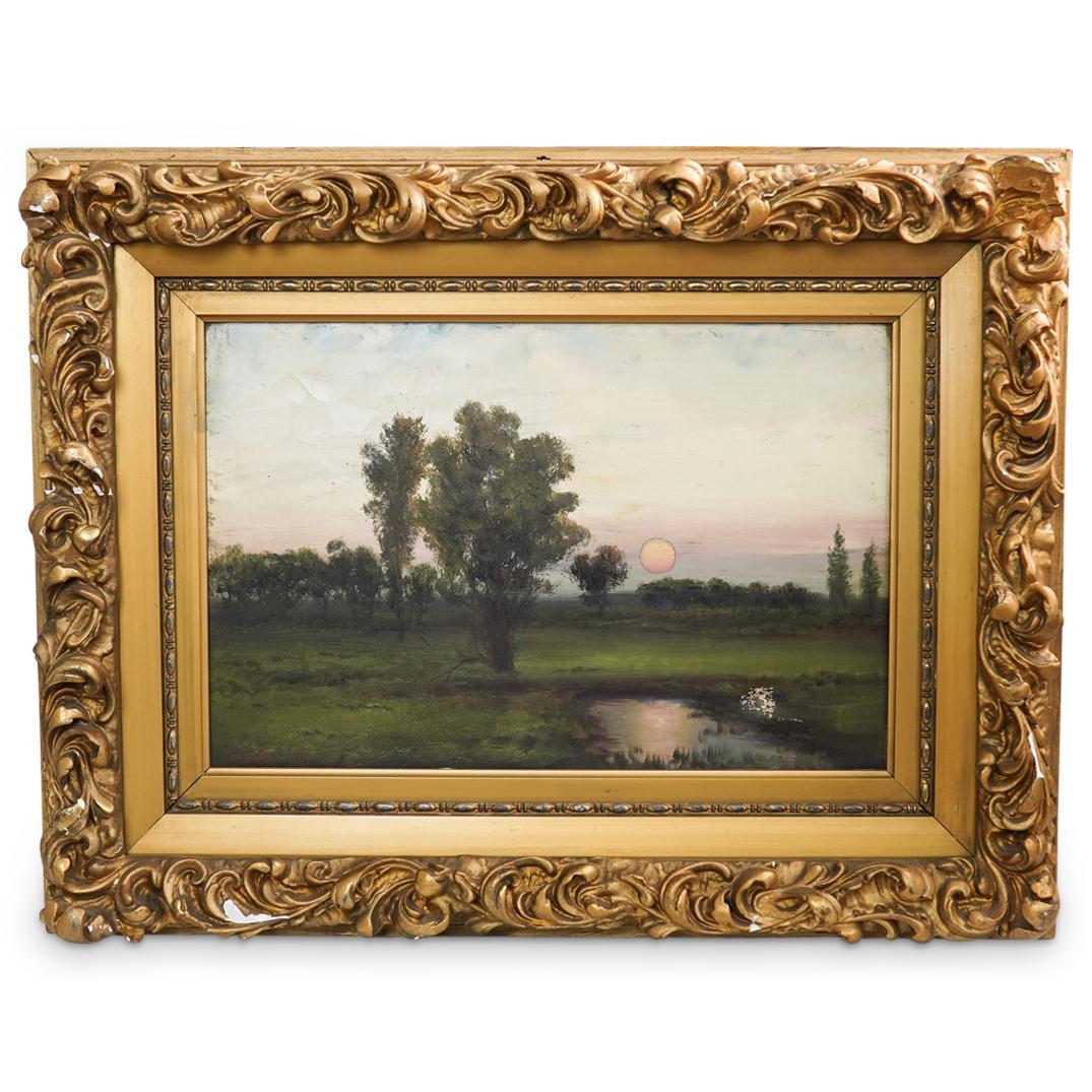 Charles S. Dorion (American) Oil On Canvas Painting: DESCRIPTION: Charles S. Dorion (American) Oil on canvas painting featuring a landscape scene with green trees and setting sun, executed in cool color tones. Mounted in an ornate gilt carved frame. CIR