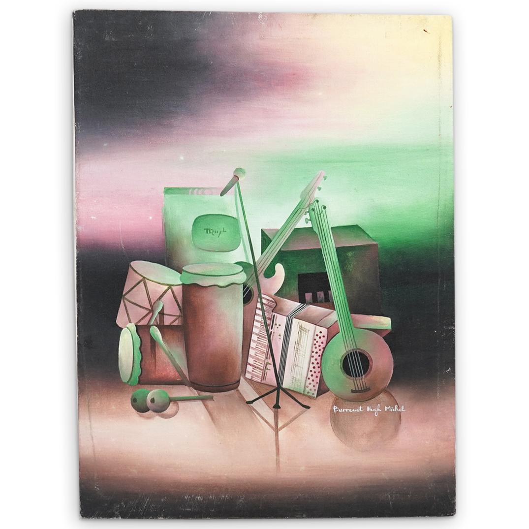 Hugh Michel Berrouet (Haiti, 20th Cent.) Acrylic on: DESCRIPTION: A Signed Hugh Michel Berrouet (Haiti, 20th Century) Original acrylic on canvas painting depicting musical instruments. Hugh Michel Berrouet works are in many museums and galleries through