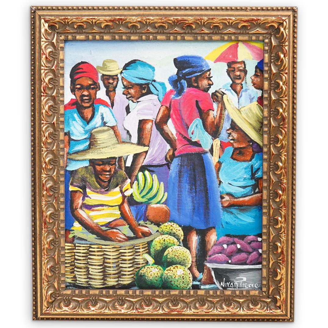 Nixon Pierre (Haiti, 20th Cent.) Oil on Canvas: DESCRIPTION: A Signed Nixon Pierre (Haiti, 20th Century) oil on canvas painting depicting a crowd of people in a fruit market scene setting. This painting is signed and framed. CIRCA: 21st Century. OR