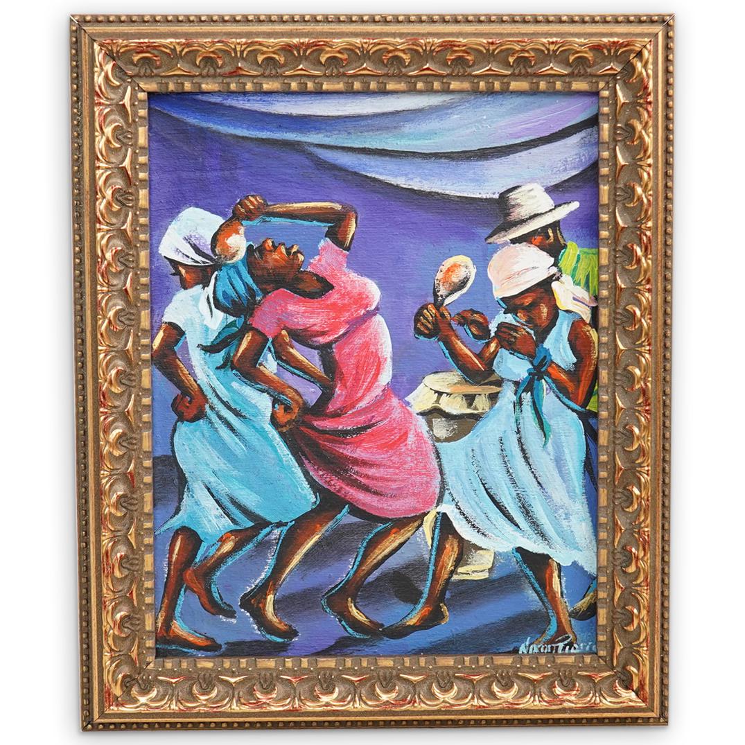 Nixon Pierre (Haiti, 20th Cent.) Oil on Canvas: DESCRIPTION: A Signed Nixon Pierre (Haiti, 20th Century) oil on canvas painting depicting a crowd of people in a dancing scene setting. This painting is signed and framed. CIRCA: 21st Century. ORIGIN: