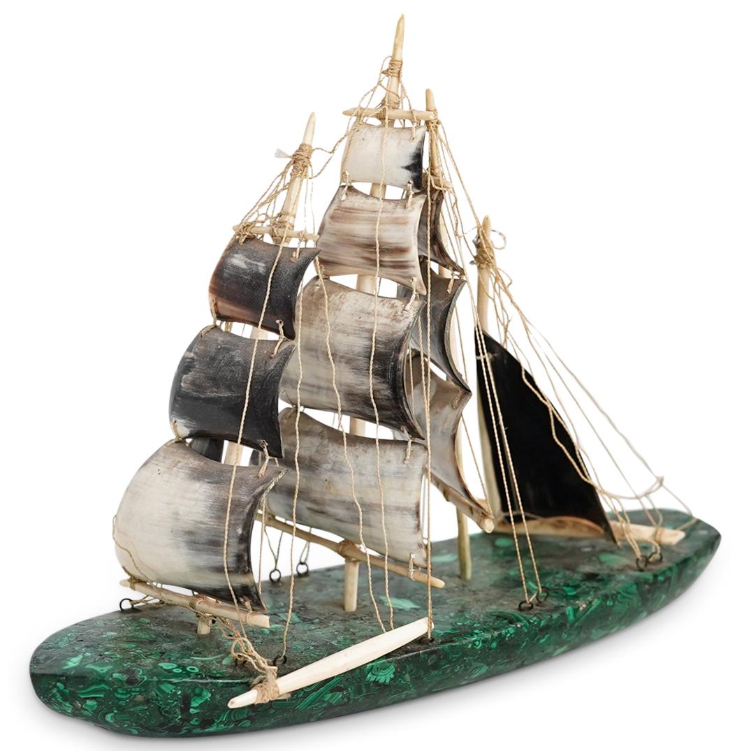 Vintage Malachite and Horn Boat: DESCRIPTION: A Vintage boat sculpture composed of a solid Malachite bowl, fitted with multiple carved horn sails with thin rope attachments. CIRCA: 20th Cent. ORIGIN: Continental DIMENSIONS: H: 8.5" L