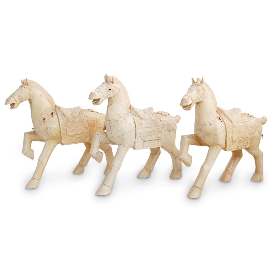 (3Pc) Bone Tessellated Horses: DESCRIPTION: (3Pc) A set of three bone tessellated horses with naturalistic features and mounted tack accents. Each horse designed with front right leg lifted. CIRCA: 20th Cent. ORIGIN: Oriental DIMEN