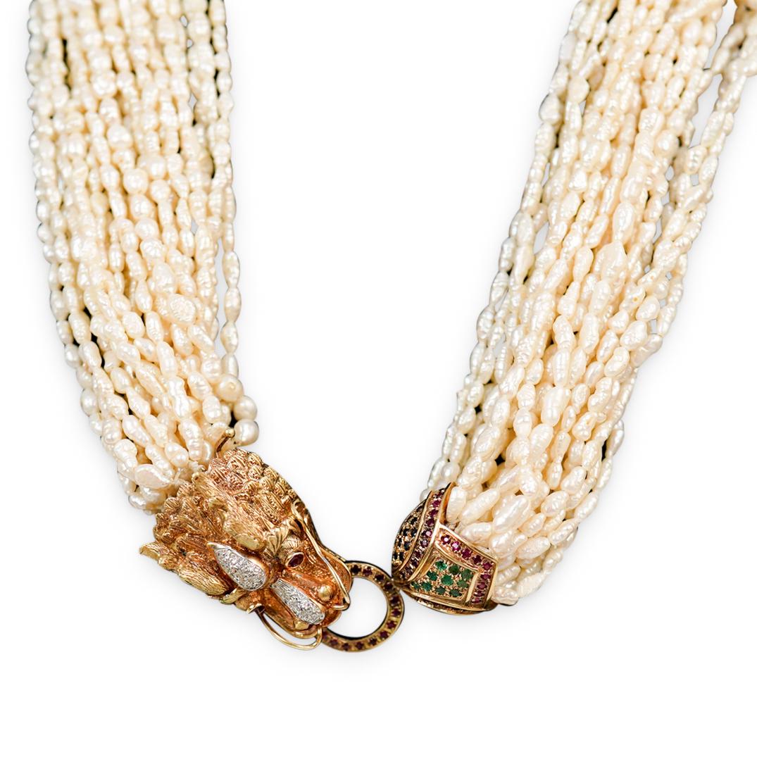 14k Pearl, Ruby, Emerald & Diamond Dragon Necklace (1 of 11)