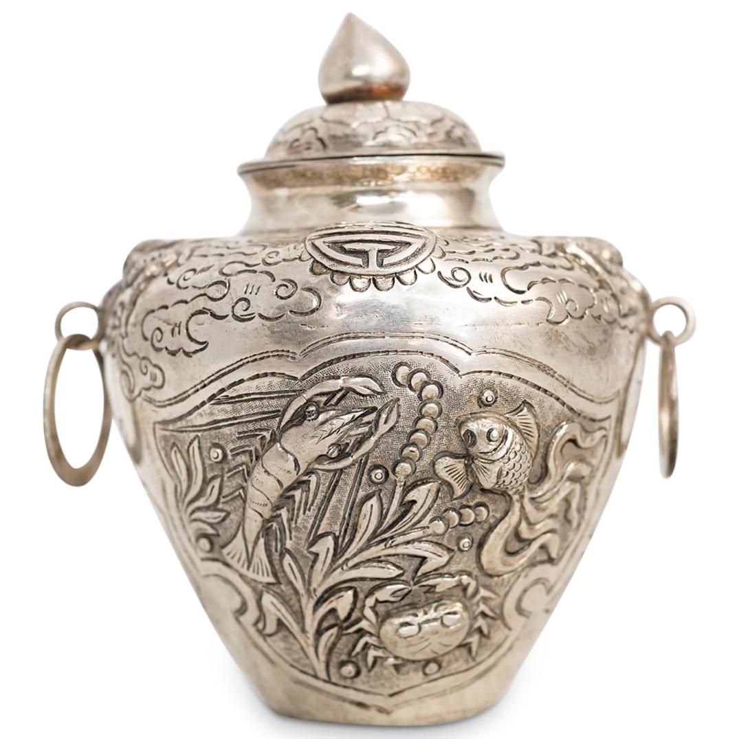 900 Silver Asian Relief Decorated Lidded Urn (1 of 8)