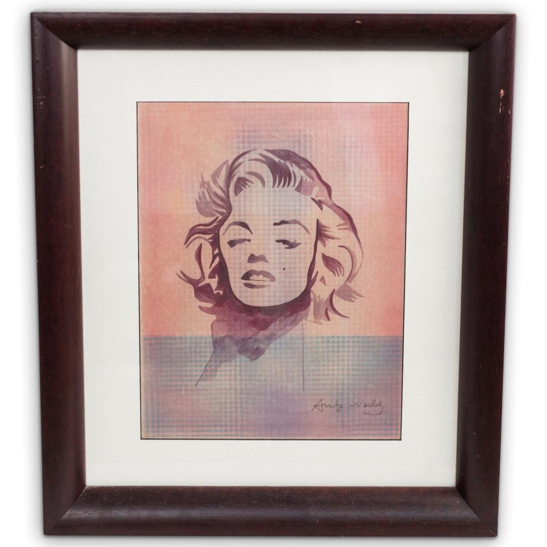After Andy Warhol (American 1928-1987) Mixed Media: DESCRIPTION: After Andy Warhol (American 1928-1987) Mixed media featuring the portrait silhouette of Marilyn Monroe executed with watercolors. Signed "Andy Warhol" Lower right. Mounted in a brown wood