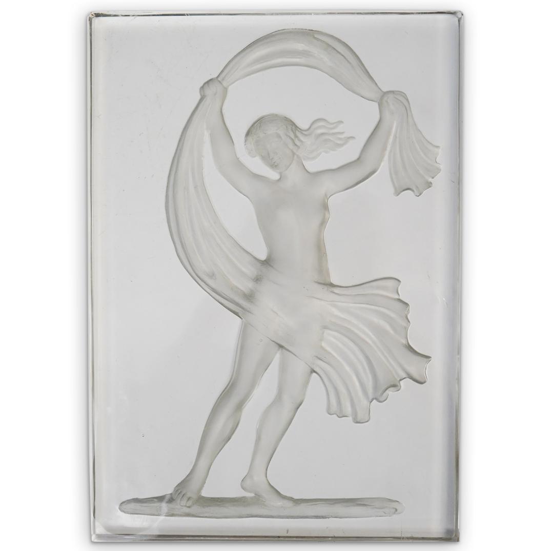 Classical Nude Female Glass Plaque Luminor: DESCRIPTION: Classical nude female figural glass luminor plaque. Cast lead glass with intaglio cut figure Marked â€œFC” in lower left corner. Reference: Shape #8460, p. 208 See p. 93 Fig. 4.