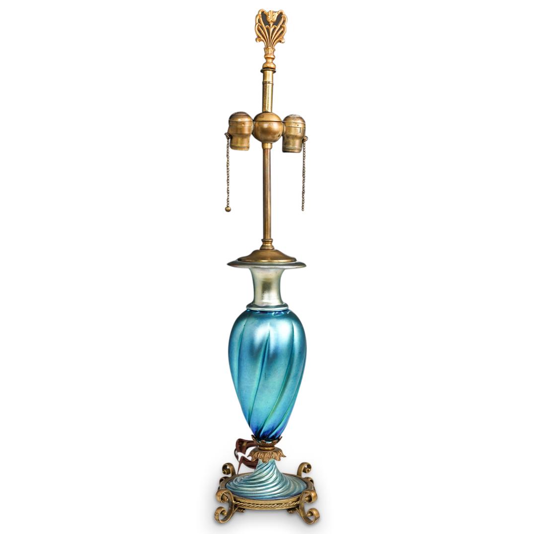 Steuben Blue Aurene Deeply Ribbed Table Lamp (1 of 4)