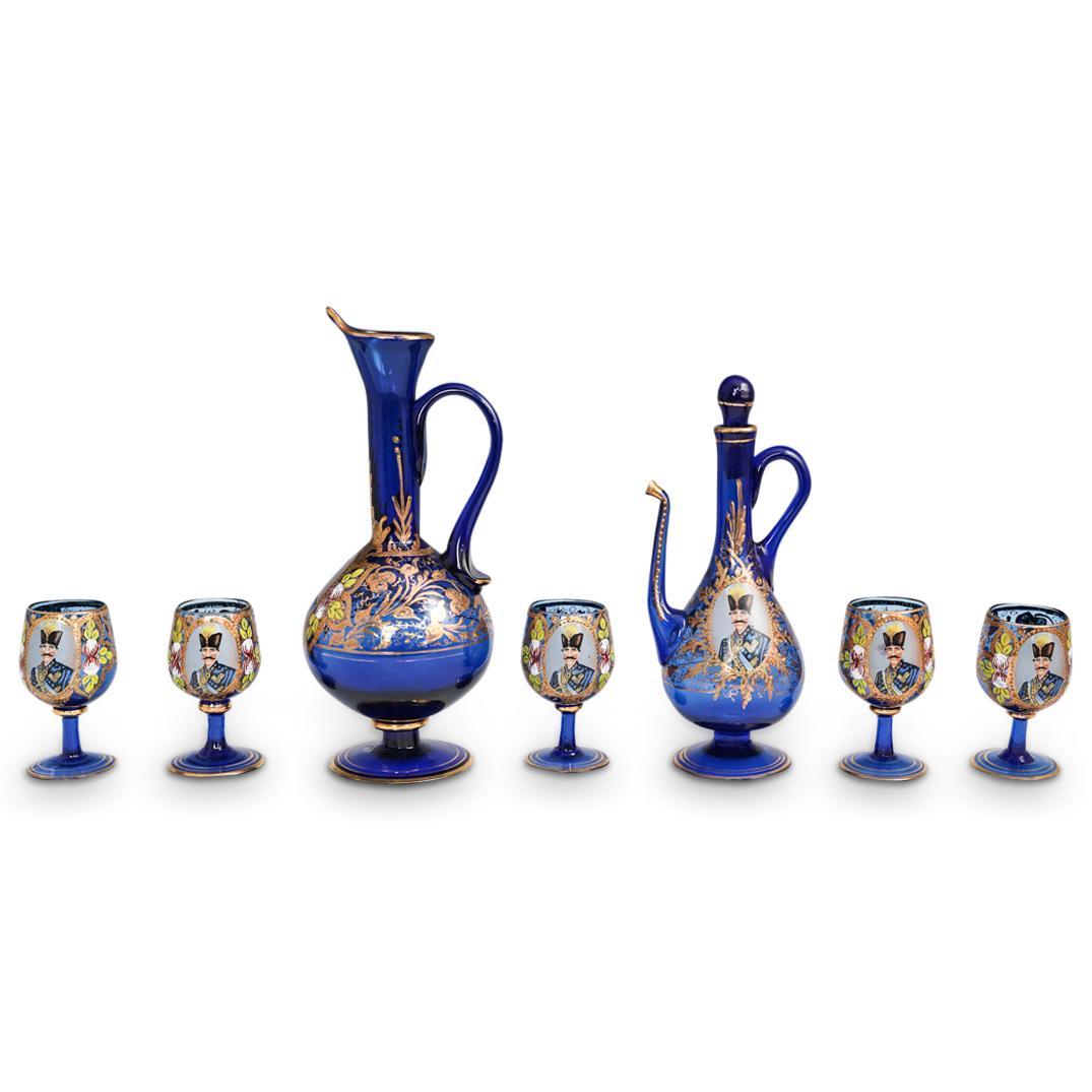 (7 Pc) Qajar Persian Blue Glass Tea Set (1 of 8)