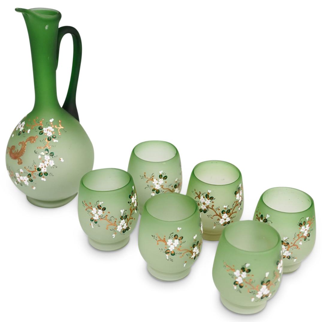 (7 Pc) Hand Painted Green Glass Tea Set (1 of 8)
