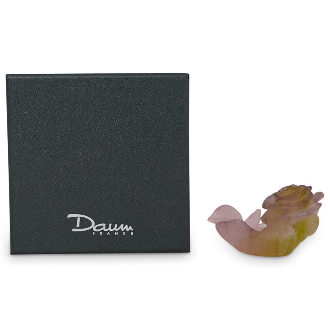 Daum Pate De Verre Crystal "roses" Coupelle: DESCRIPTION: A Daum pate de verre crystal mini coupelle in the "Roses" pattern in a pink to purple color featuring a rose at the top. Traditionally marked "Daum France". Comes in its original box. CIR