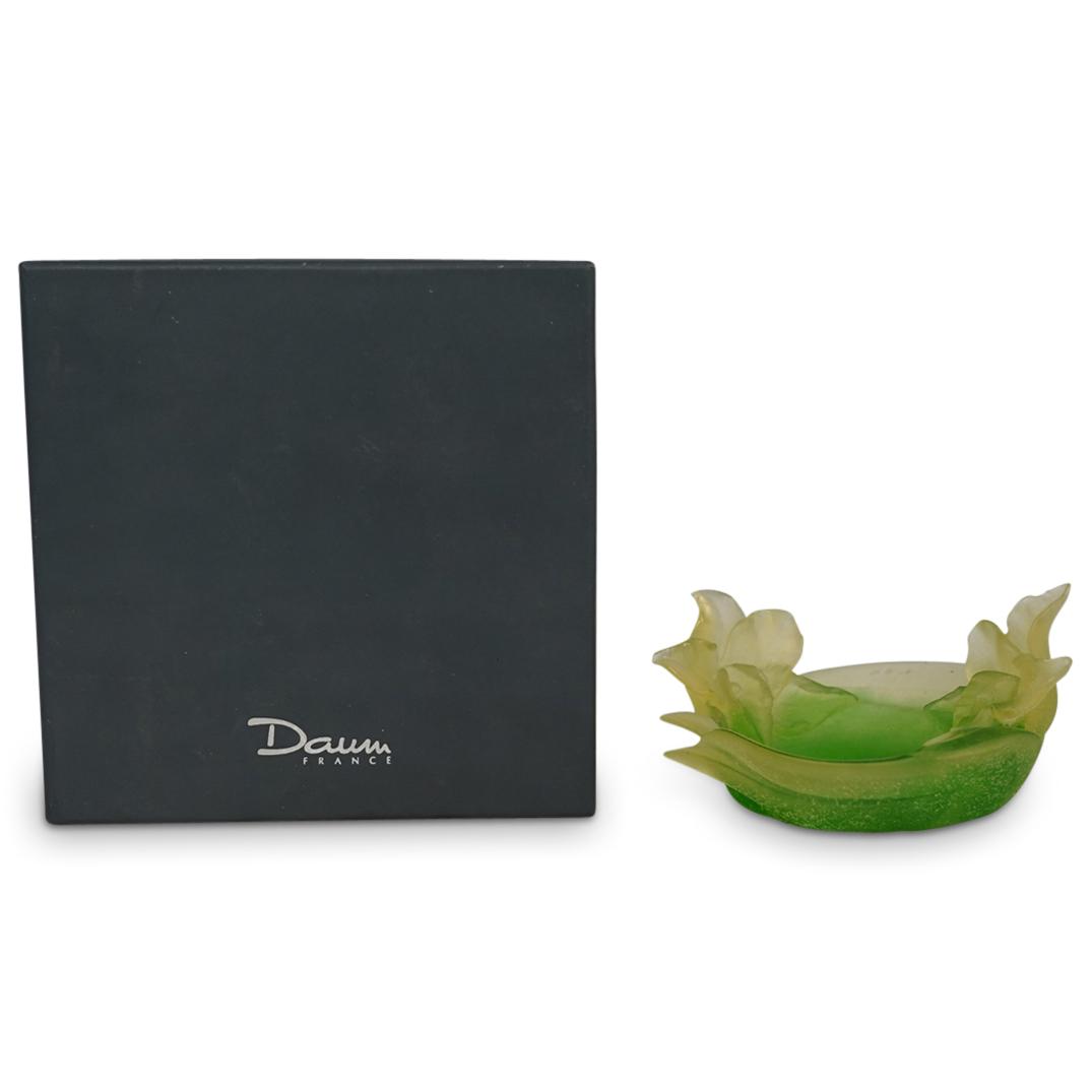 Daum Pate De Verre Crystal "Orchidee" Coupelle: DESCRIPTION: A Daum pate de verre crystal coupelle in the "Orchidee" pattern features a floral top motif in a green and yellow color. Traditionally marked "Daum France" on the bottom. Comes in its ori