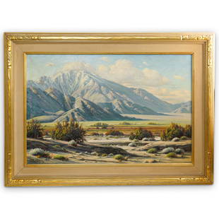 Paul Grimm (American. 1891-1974) Oil On Canvas: DESCRIPTION: An oil on canvas painting by American artist Paul Grimm Titled "San Jancinto" depicting a landscape with mountains along the backdrop. Signed "Paul Grimm" along the bottom left and on the