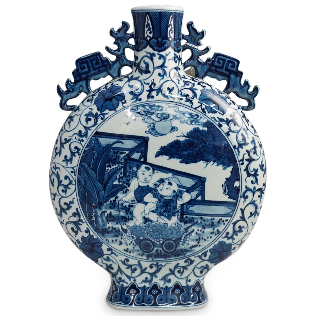 Large Chinese Blue & White Moon Flask Vase (1 of 6)