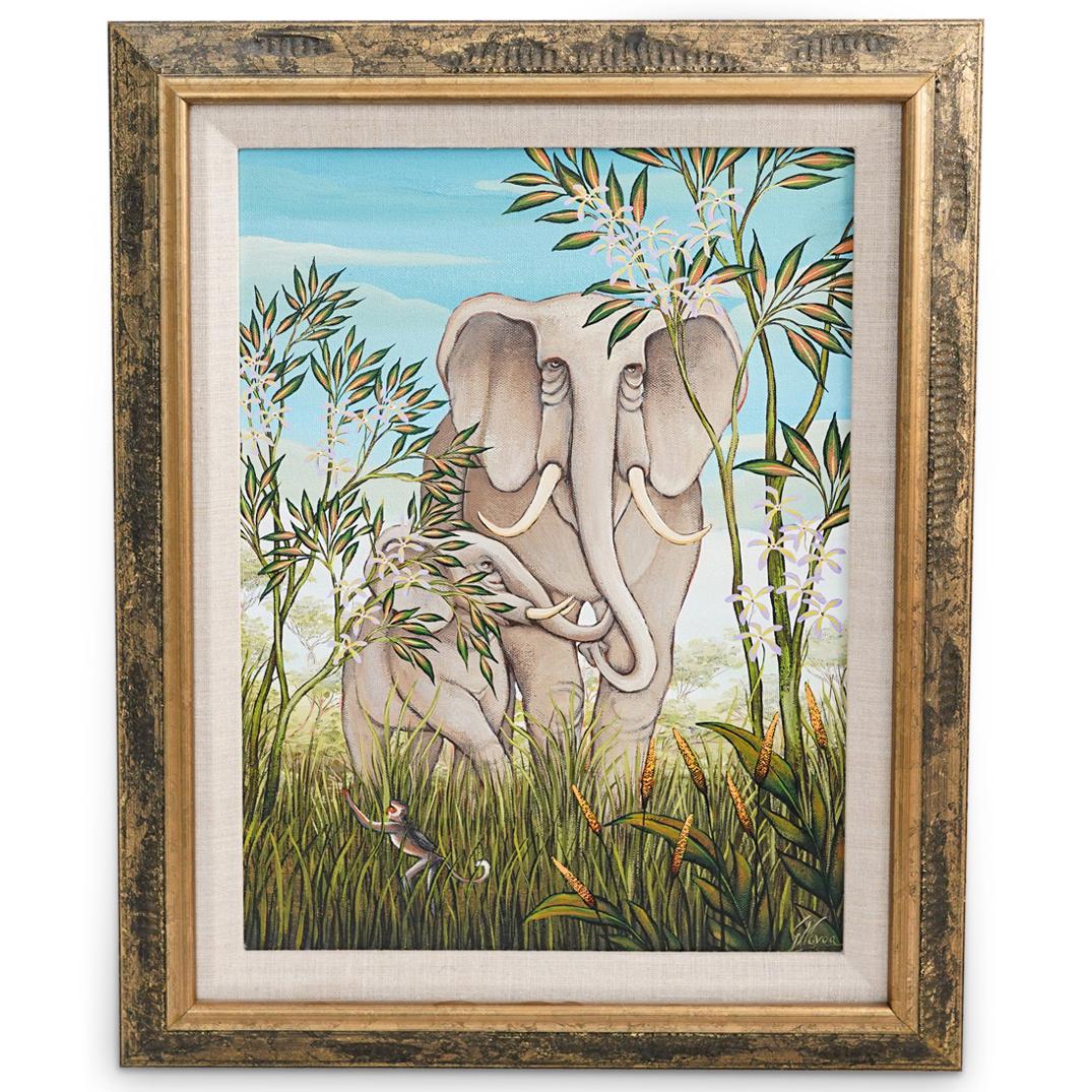 Gustavo Novoa (Chile) Elephant Acrylic Painting: DESCRIPTION: A Gustavo Novoa (Chile, 20th Cent.) Acrylic Painting on canvas depicting an elephant mother and baby elephant. It is signed on lower right and framed. This lot includes the original signe