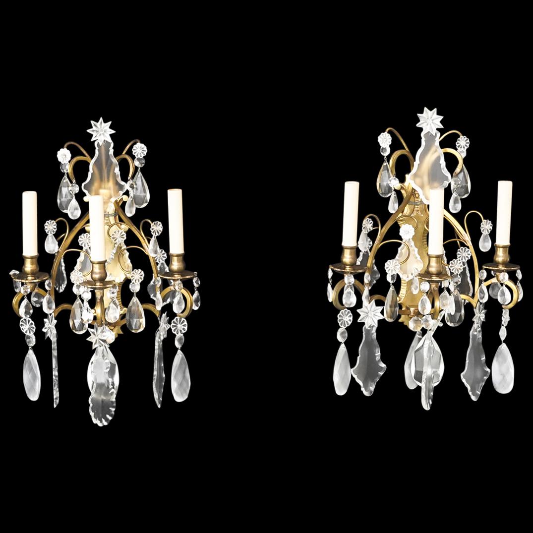 Pair Of Baccarat Style Hanging Crystal Sconces (1 of 7)
