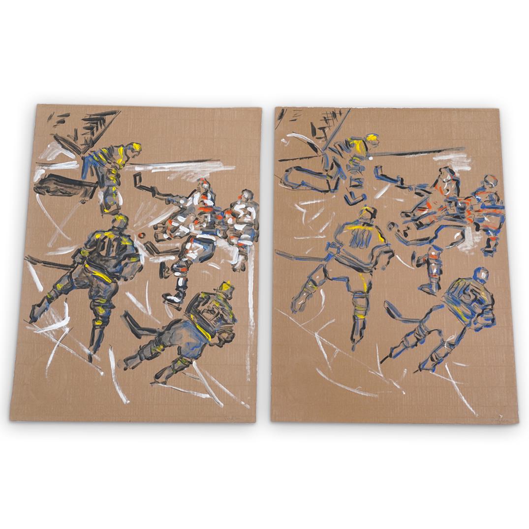 (2Pc) Judy Rifka (American, b. 1945) "Ice Hockey": DESCRIPTION: (2Pc) Judy Rifka (American, b. 1945) "Ice Hockey" Acrylic on paper paintings featuring multiple hockey players executed in yellow, white, purple, and black hues. Signed "Judy Rifka" lower