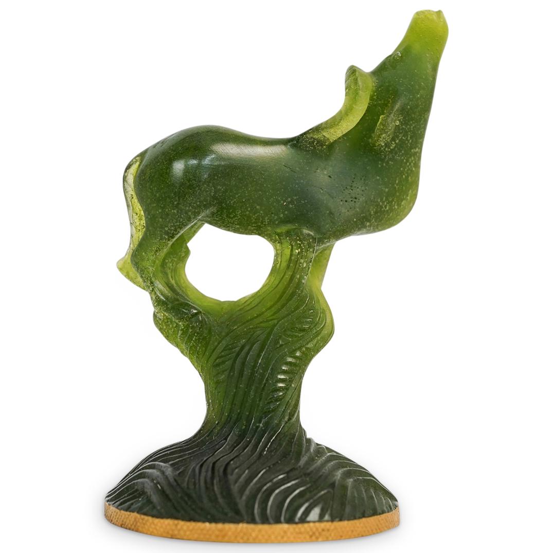 Daum Pate De Verre Crystal Water Buffalo: DESCRIPTION: Daum Pate De Verre Water Buffalo featuring a green tone crystal, completed along the bottom with gilt brass bordering. Incised "Daum France". CIRCA: 20th Cent ORIGIN: France DIMENSIONS: H
