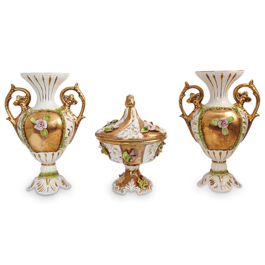(3 Pc) Italian Gilded Porcelain Floral Centerpiece Set (1 of 18)