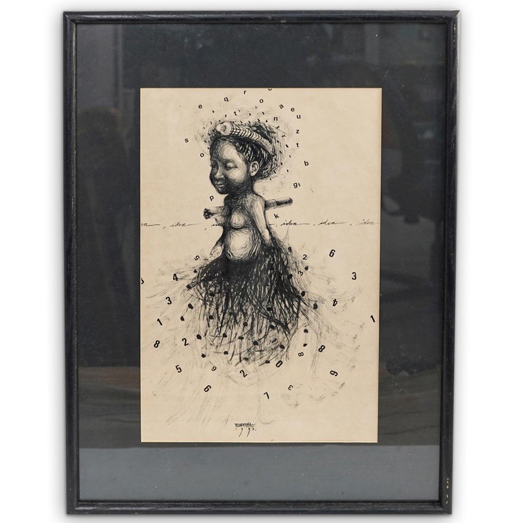 Rementeria Mixed Media Surreal Sketch: DESCRIPTION: Rementeria mixed media sketch featuring a surreal figural nude scene executed using ink pen on paper and printed script. Signed: "Rementeria, 1997" lower middle. Mounted in a black wood f