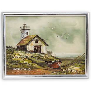 Everett Woodson Oil on Canvas: DESCRIPTION: Everett Woodson oil on canvas painting. Features a lighthouse overlooking a shore with accenting flying seagulls. Signed lower left: "Everett Woodson" CIRCA: 20th Cent. ORIGIN: USA