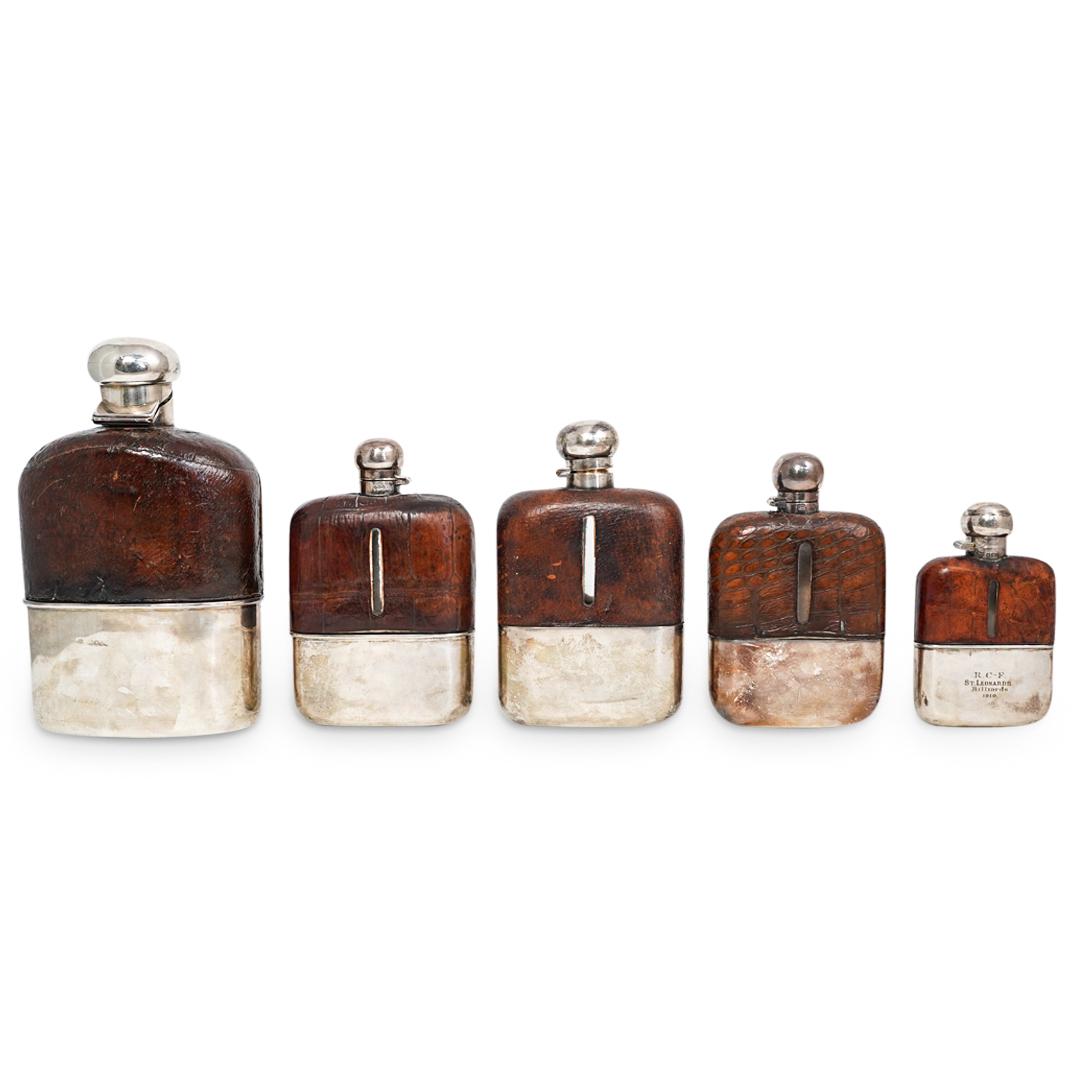 (5Pc) Victorian Sterling & Leather Flasks (1 of 15)