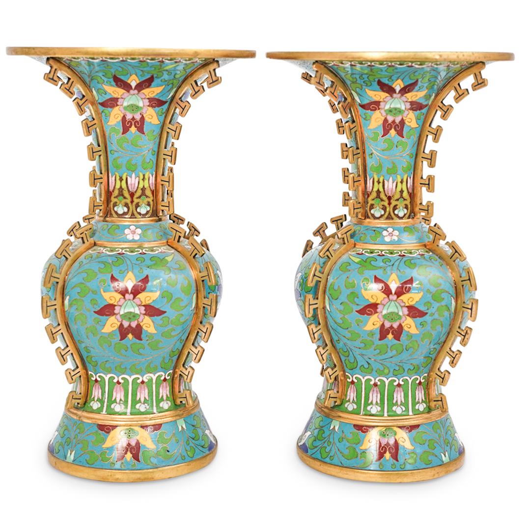 (2 Pc) Pair of Chinese Cloisonne Vases (1 of 7)