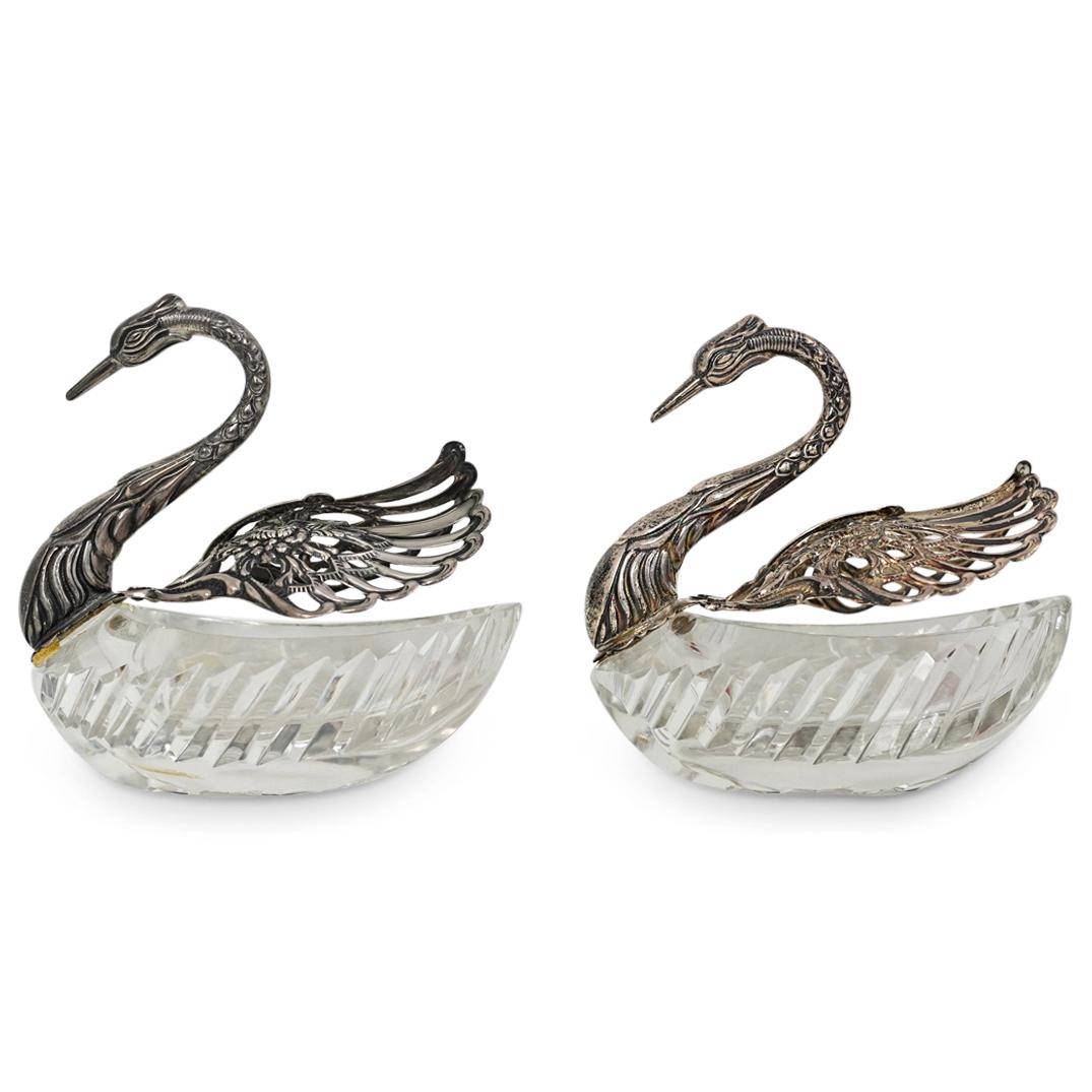 (2 Pc) Large Sterling Silver & Crystal Swan Salt (1 of 6)