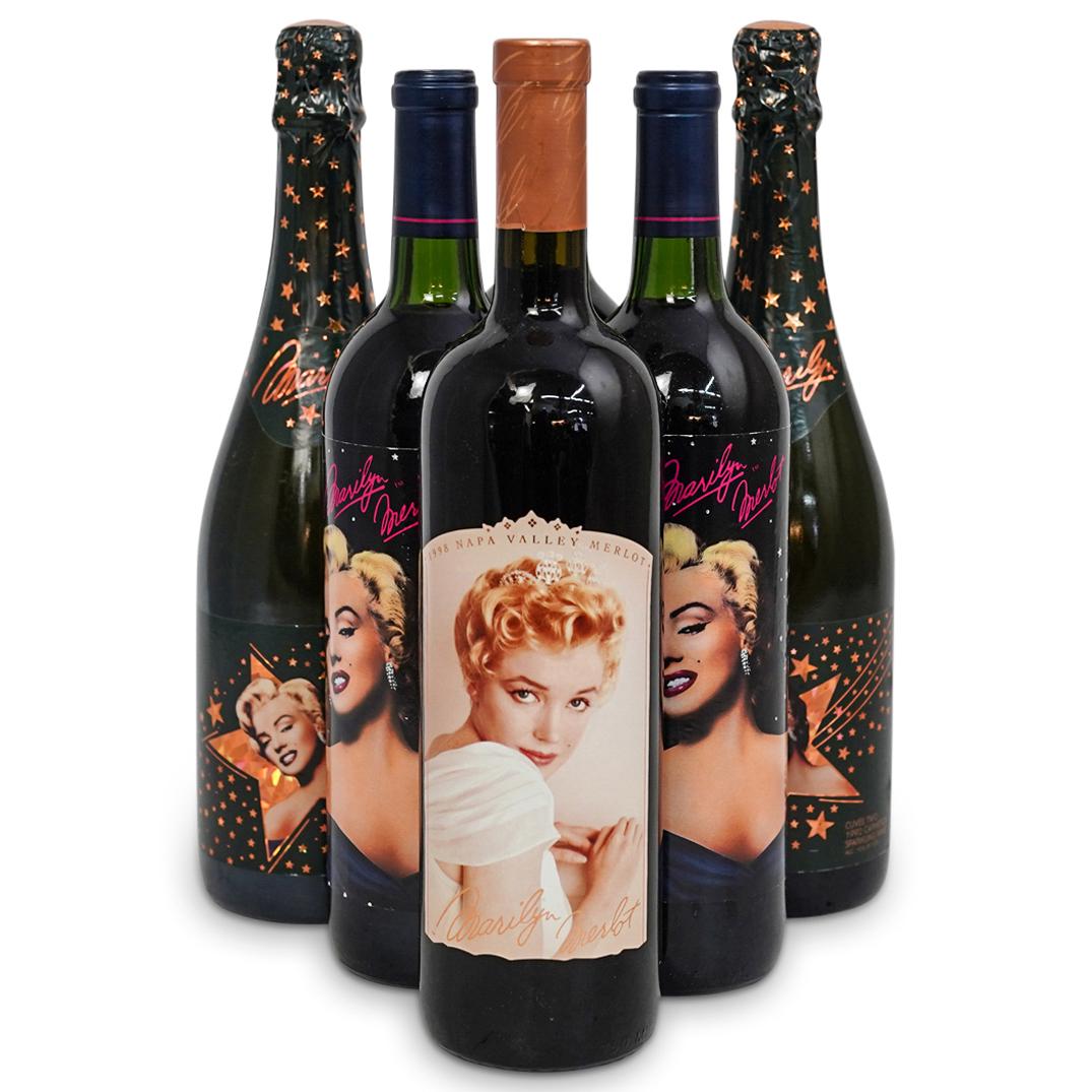 (6 Bottles) "Marilyn Monroe" Wine Bottles Grouping: DESCRIPTION: (6 Bottles ) A "Marilyn Monroe" Wine Bottles Grouping Set. This set includes: two (2) Marilyn Monroe Cuvee Two 1992 Carneros Sparkling wine bottles, three (3) Marilyn Monroe Napa Valley M