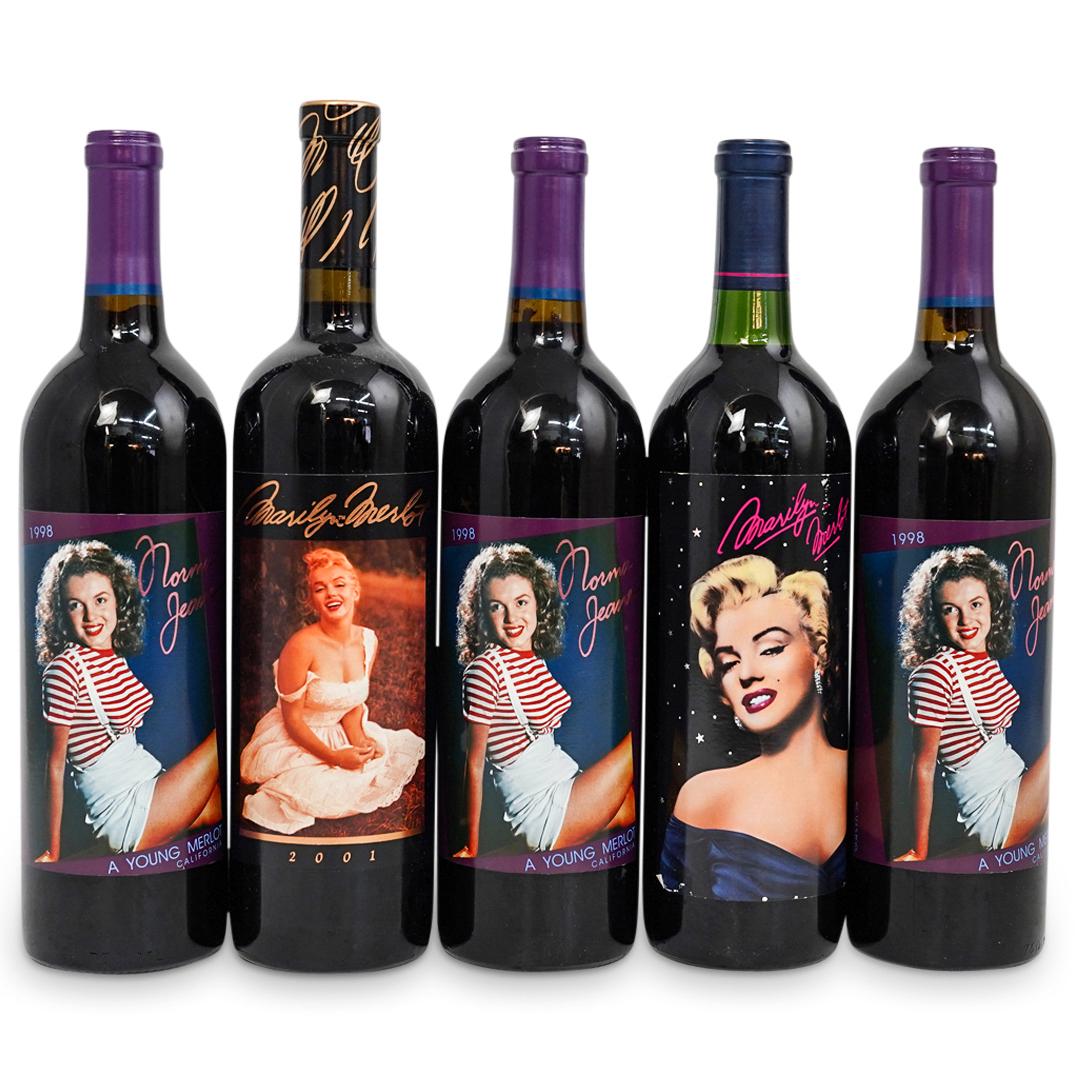 (5 Bottles) "Marilyn Monroe" & "Norma Jean" Wine: DESCRIPTION: (6 Bottles ) A "Marilyn Monroe" & "Norma Jean" Wine Bottles Grouping Set. This set includes: three (3) Norma Jean 1998 Young Merlot wine bottles, one (1) Marilyn Monroe 1989 Napa Valley M