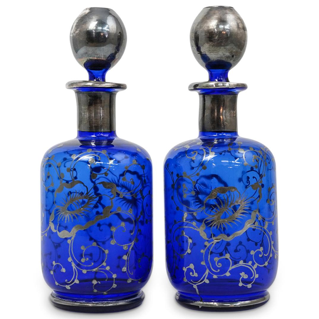 (2 Pc) Cobalt Blue Glass Bottles w/ Silver Overlaid (1 of 6)