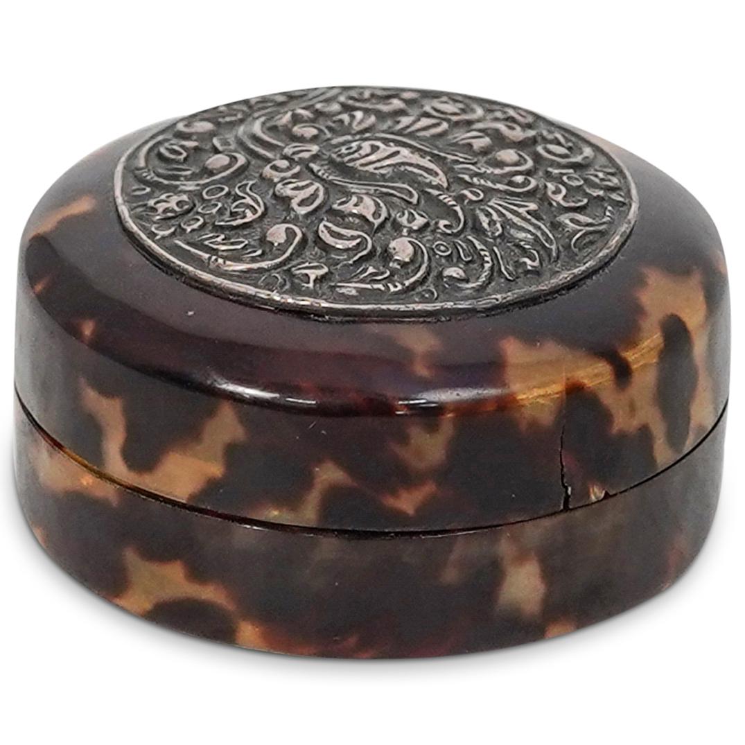 Vintage Faux Tortoiseshell & Silver Floral Lid Pill Box (1 of 4)