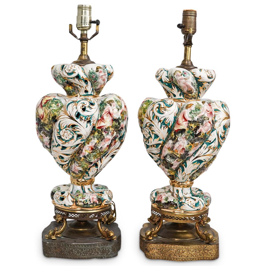 (2 Pc) Pair of Capodimonte Porcelain Lamps (1 of 8)