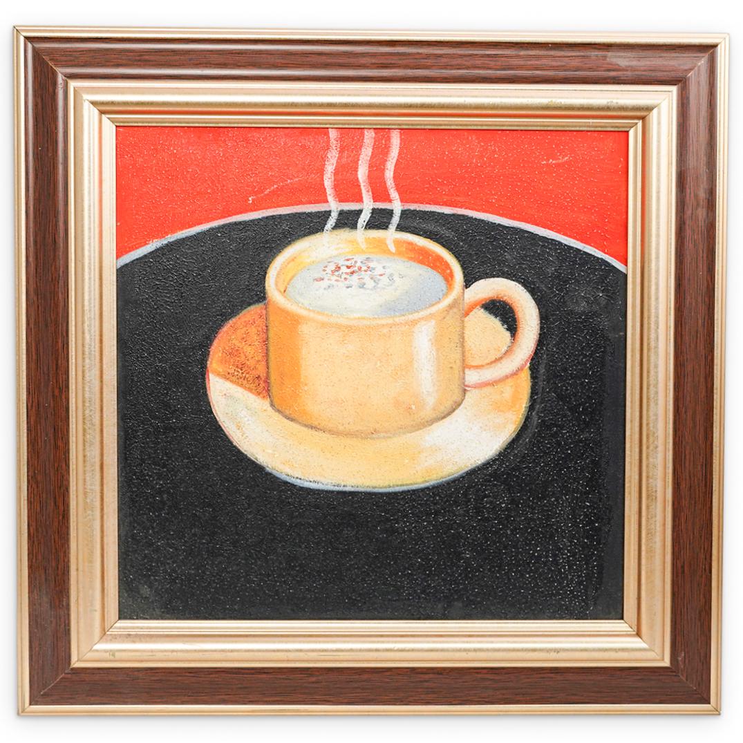 "Cappuccino" Textured Painting On Canvas: DESCRIPTION: A mixed media textured painting on canvas depicting a hot cup of cappuccino coffee. The painting shows a yellow porcelain cup and saucer plate, over a black table and with a red backgroun