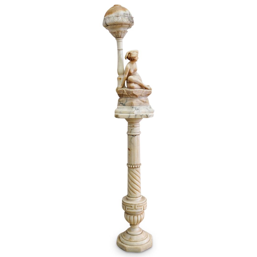 Italian Art Nouveau Carved Alabaster & Marble Lamp: DESCRIPTION: An antique italian Art Nouveau carved alabaster & marble lamp. This is a tall sculpture figural lamp featuring a baluster column pedestal base, with a carved sculpture figure on top depic