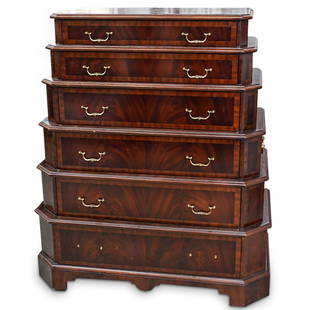 Maitland Smith Tiered Campaign Style Chest: DESCRIPTION: Maitland-Smith, contemporary. Blackberry finished flame mahogany campaign chest in the Georgian taste, having six graduated drawers, and rising on bracket feet. Marked to drawer CIRCA: 20