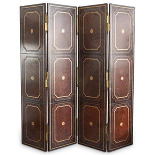 Large Possibly Maitland Smith Leather Wrapped Screen: DESCRIPTION: A large four panel leathered screen possibly by Maitland Smith features in a brown hue with patterned embossments, further accented with gilt patterns and brass hardware. CIRCA: 20th