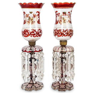 19th Cent. Persian Qajar Crystal and Enamel Glass: DESCRIPTION: A pair of 19th century Persian glass and crystal candle luster's. Ruby flashed and enameled with the Persian/Iranian Lion and Sun emblem. Each luster has a slightly different variation