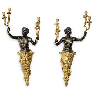 French Empire Bronze & Ebonized Figural Wall Sconces: DESCRIPTION: (2 Pc) Pair of large antique french Empire bronze and ebonized caryatid figural wall sconces. Each designed with a male and female torso figure in ebonized bronze, with a gilded