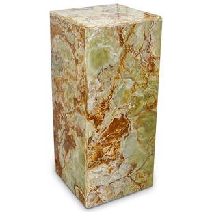 Square Onyx Pedestal: DESCRIPTION: A illuminated squared pedestal composed of polished onyx with beveled edges.(includes a lightbulb along the interior) CIRCA: 20th Century. ORIGIN: Continental DIMENSIONS: H: 36" x W: 16"