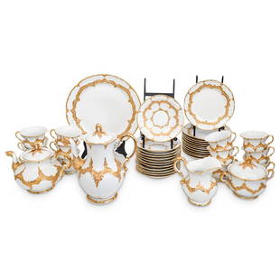 (41 Pc) Antique Meissen Porcelain Coffee/Tea Set: DESCRIPTION: (41 Pc) An antique Meissen porcelain coffee/tea set in white glazed porcelain with gold leaf accents, Ca 1880. Marked on the bottom with the blue double crossed swords Meissen hallmark. T