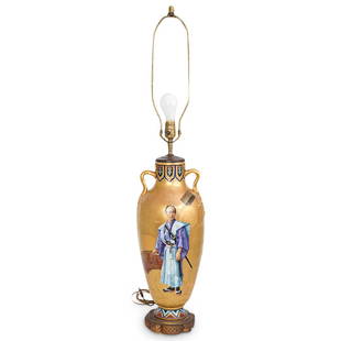 L. Malpass (French, 19th Cent.) Japonism Porcelain Lamp: DESCRIPTION: A signed Louis Pierre Malpass (French, 19th Cent.) porcelain vase lamp in the Japanese style designed as a two handled vase with a samurai motif decoration. The vase body has completely