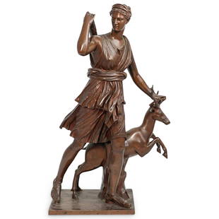 Ferdinand Barbedienne (1810-1892) The Huntress Bronze: DESCRIPTION: Ferdinand Barbedienne (1810-1892) "Diana The Huntress" bronze statue. Features the depiction of Diana with mounted arrows and deer at her side. Base signed: "Barbedienne Fondeur" and