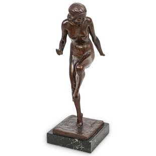 Donato Gramegna (Italian, 1893) Dancing Nude Bronze: DESCRIPTION: A Donato Gramegna (Italian, 1893 - 1975) bronze sculpture depicting a nude female figure in a dancing pose. The sculpture sits atop a square black veined marble base. It is signed "A.