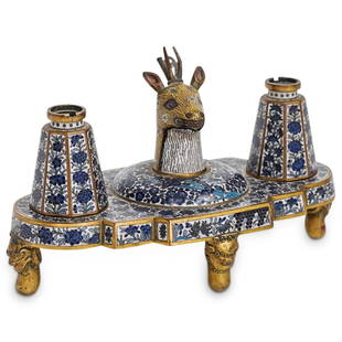 19th Ct. Cloisonne Deer Inkwell: DESCRIPTION: A 19th century cloisonne deer desk set. Features a blue and white enameled cloisonne decorated stand with bronze foundation. Designed with double octogonal formed, floral motif ink