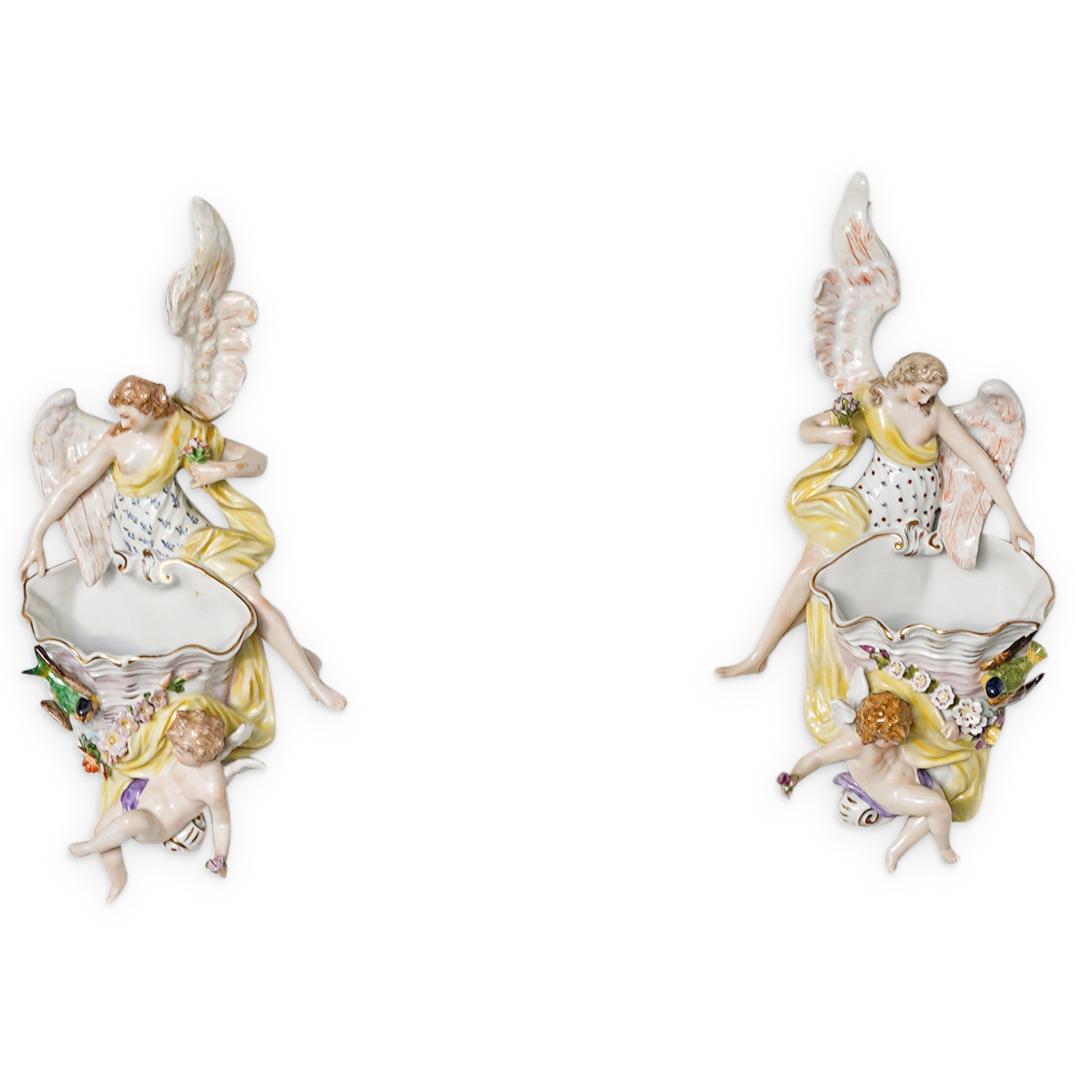 (2 Pc) Antique Dresden Porcelain Wall Sconce Vases (1 of 7)
